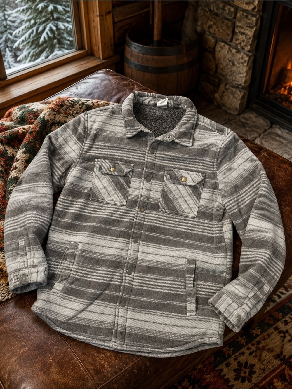 Voyager Fleece Lined Plaid Shacket Jacket Men’s Medium Gray Sherpa Snap Front
